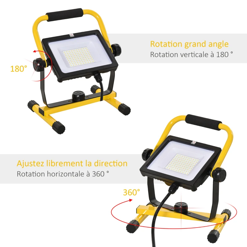 Projecteur de chantier LED 50W 5000K pivotant 360° jaune noir