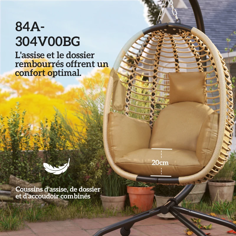 Outsunny Fauteuil œuf suspendu balancelle pliante avec coussin et support usage intérieur extérieur 110 x 100 x 188 cm beige
