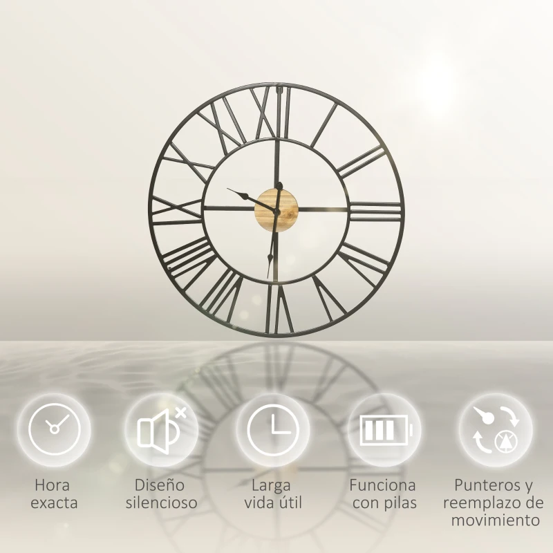 HOMCOM Reloj de Pared Silencioso de Ø60cm Reloj de Pared de Metal y Madera con Números Romanos sin Tictac Estilo Vintage