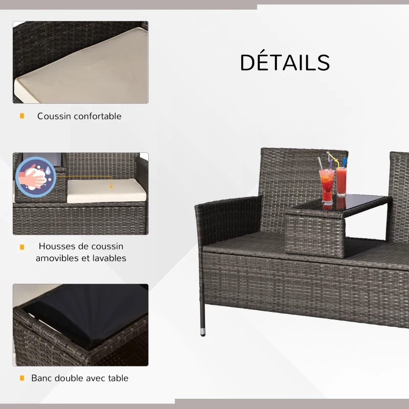 Outsunny Banc de jardin design contemporain 133L x 63l x 84H cm banc double chaise avec coussins assise + tablette intégrée résine tressée grise polyester crème