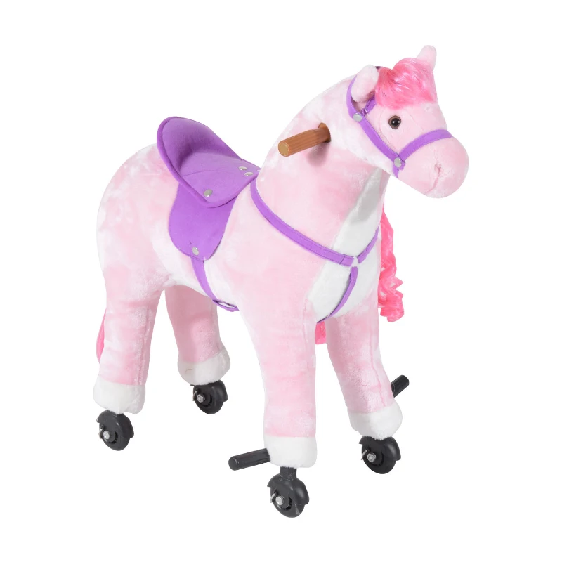 HOMCOM Cavallo a Dondolo per Bambini 2+ Anni con 4 Rotelle, Suoni Realistici e Poggiapiedi, 65x28x75 cm, Rosa