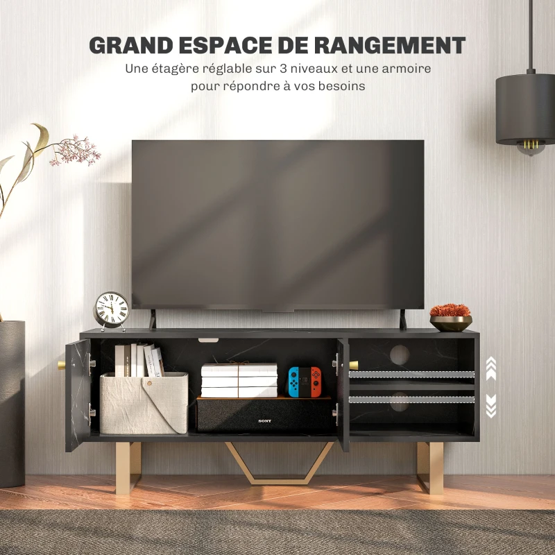 HOMCOM Meuble TV banc TV meuble pour télévision jusqu'à 50 pouces avec placard, étagère réglable et passe-câbles , noir