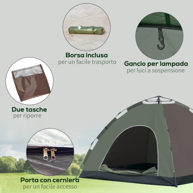 Outsunny Tenda da Campeggio 2 Posti con Borsa da Trasporto, Ganci per Lampade e Tasche Portaoggetti, 210x210x135 cm