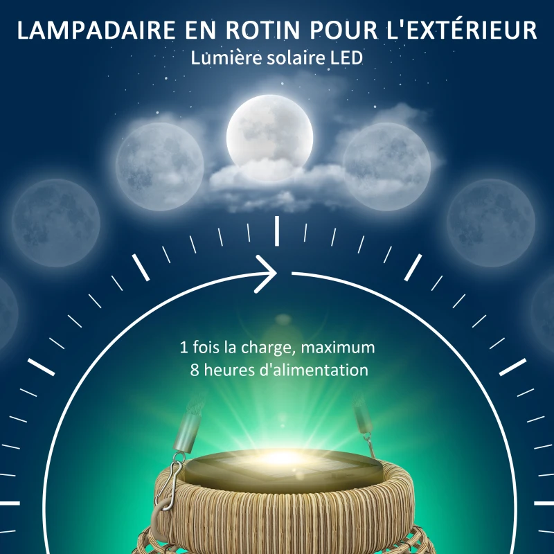 Outsunny Lampadaire d'extérieur solaire en résine tressée luminaire LED de jardin en acier marche/arrêt automatique sable