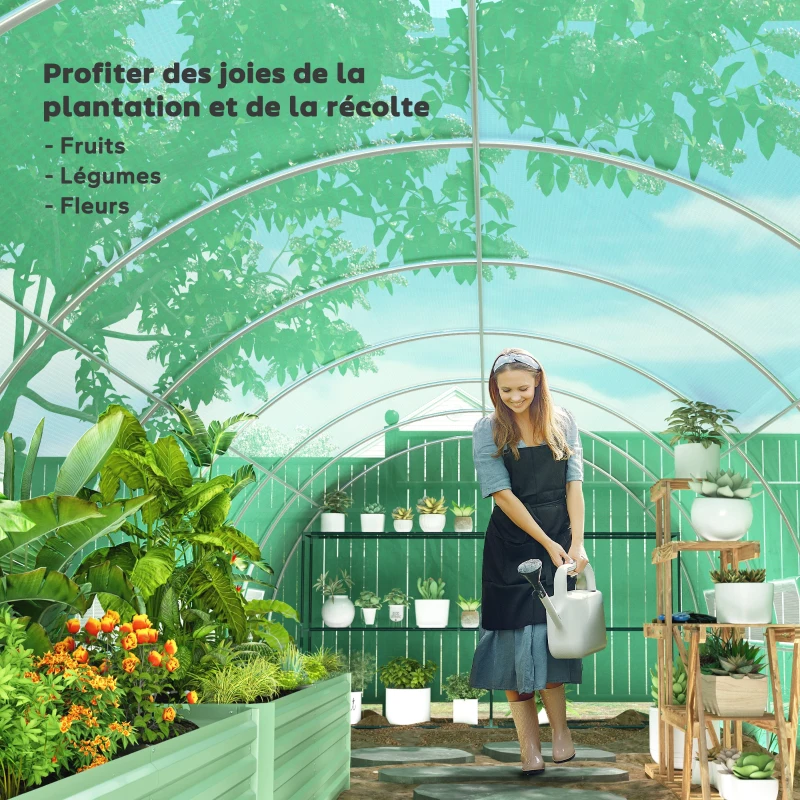 Outsunny Serre de jardin tunnel 24m² 8L x 3l x 2H m - 16 fenêtres, Porte zippée enroulable acier galvanisé, bâche PE, Vert