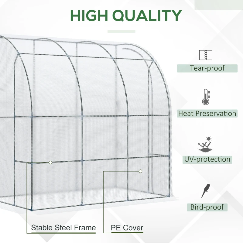 Outsunny Outdoor Walk-In Lean to Wall Greenhouse with Zippered Roll Up Door and PE Cover, 214L x 118W x 212Hcm, White