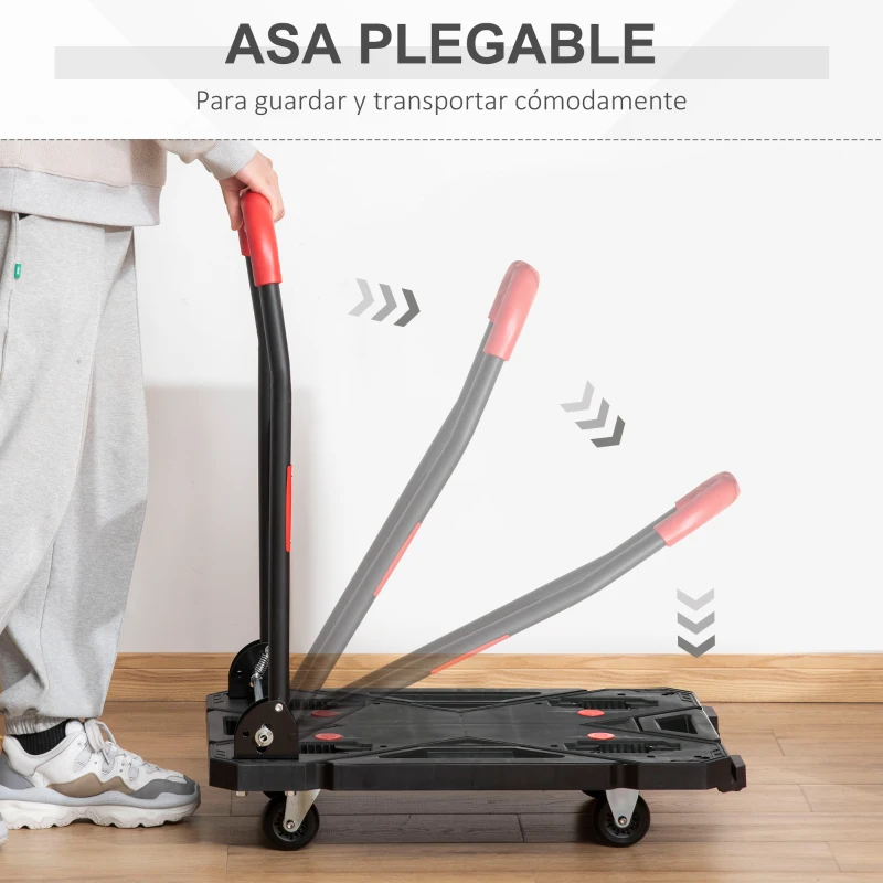 DURHAND Carro de Plataforma Plegable Carga 150 kg Carretilla de Transporte con Mango Plegable Ruedas y Frenos 70x52,5x90 cm Negro y Rojo