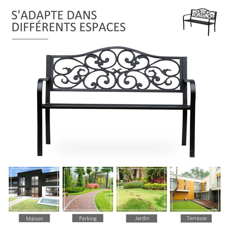 Outsunny Banc de jardin 3 places terrasse Style Cosy Chic 127L x 60l x 85H cm métal époxy anticorrosion Noir