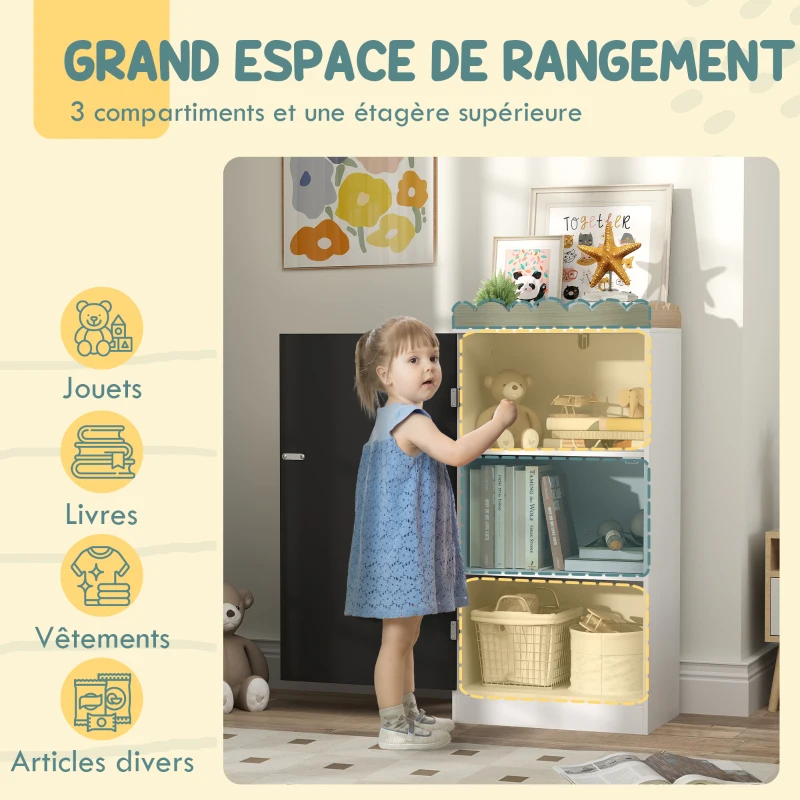 AIYAPLAY Meuble rangement enfant, rangement jouet enfant avec porte en tableau noir, 3 casiers et plateau supérieur, blanc