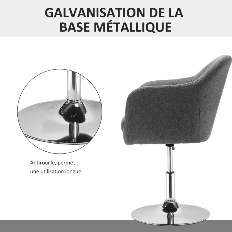 HOMCOM Fauteuil de salon Grand Confort Coussins lombaires Hauteur réglable pivotant 360° piètement métal chromé Lin Gris