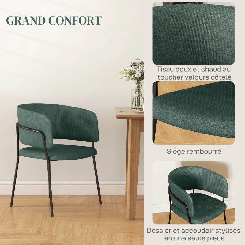 HOMCOM Lot de 2 chaises de salle à manger pieds en acier, assise rembourrée en tissu aspect velours, vert