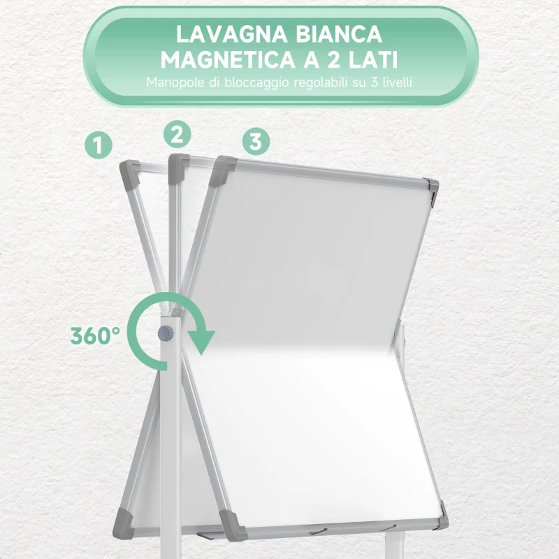 HOMCOM Lavagna Magnetica Bianca a 2 Facce con Accessori e 4 Ruote, in Alluminio e Acciaio, 127x50x165 cm