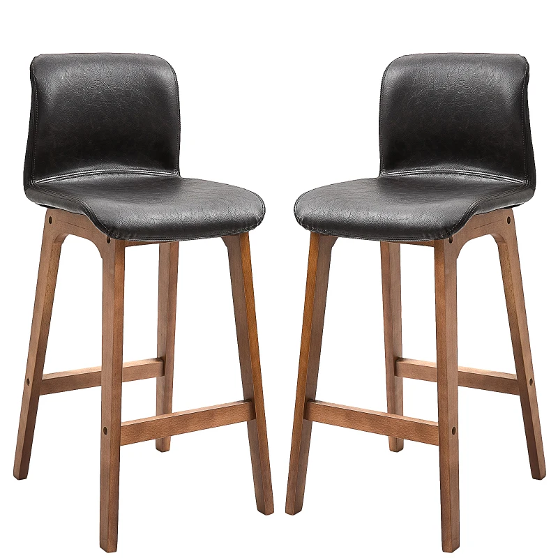 HOMCOM Modern Bar Stools Set of 2, PU Leather Upholstered Bar Chairs with Wooden Frame, Footrest for Home Bar, Dining Room