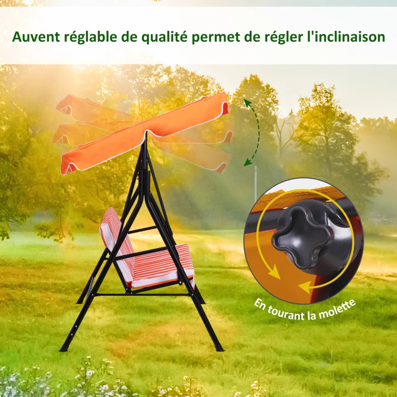 Outsunny Balancelle de Jardin 3 Places Toit Inclinaison réglable Coussins Assise et Dossier 1,72L x 1,1l x 1,52H m Acier Noir Polyester Orange