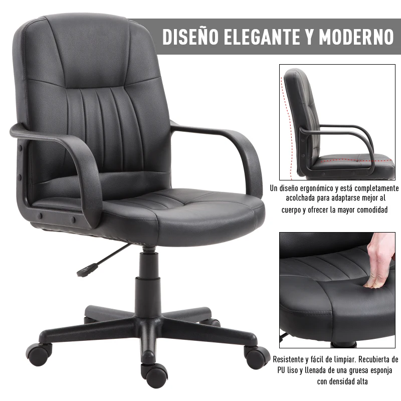 Vinsetto Silla de Oficina Giratoria Sillón de Escritorio Ergonómico con Ruedas Altura Ajustable Negro Material PU 60x60x90-99cm