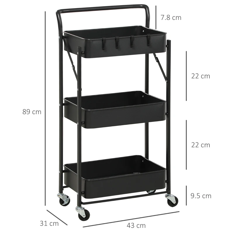 HOMCOM 3 Tier Storage Trolley Cart, Foldable Rolling Utility Cart with 3 Mesh Baskets, 4 Removable Hooks for Living Room, Laundry and Kitchen, Black