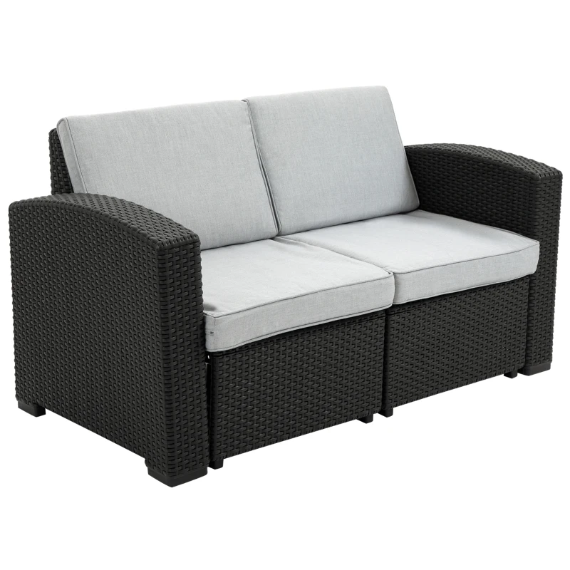 Outsunny Divano da Esterno a 2 Posti da in PP Plastica ad Effetto Rattan, Divano da Giardino con Cuscini Rimovibili e Lavabili, Grigio e Nero