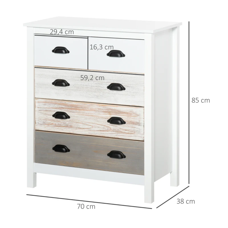 HOMCOM Cómoda con 5 Cajones Cómoda para Dormitorio Moderno con Diseño Anti-vuelco 70x38x85 cm Blanco