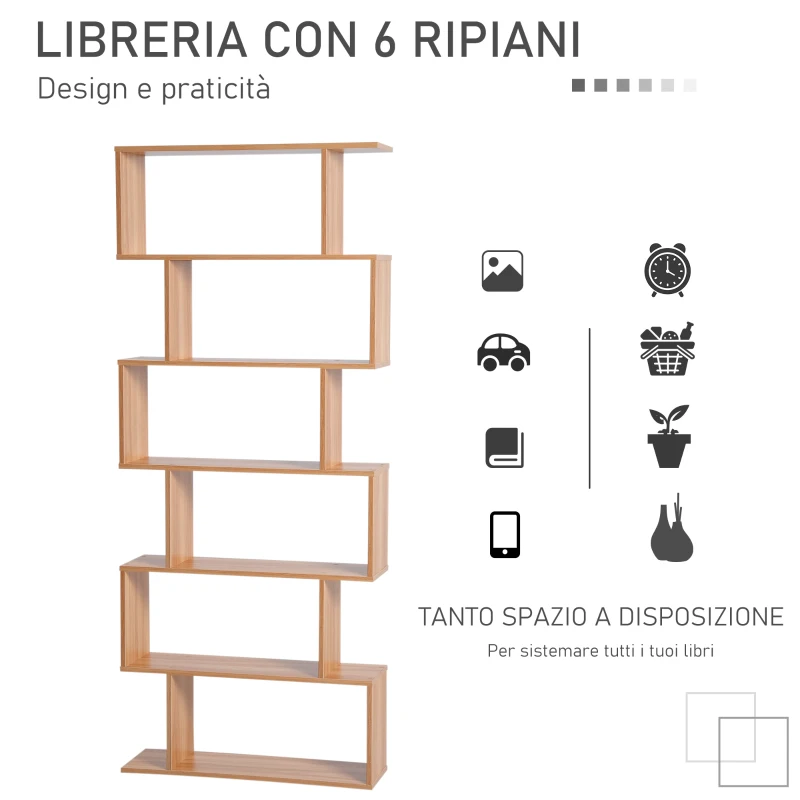HOMCOM Libreria Legno Design Moderno con 6 Ripiani Legno Naturale 80 × 23 × 192cm