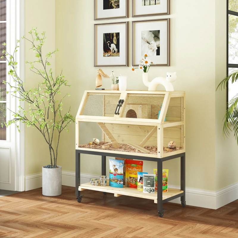 PawHut Wooden Hamster Cage with Storage Shelf, Wheels, Ramps, Water Bottle, Hut, Seesaws