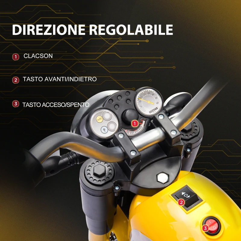 HOMCOM Moto Elettrica per Bambini a 3 Ruote con Luci e Suoni, Batteria Ricaricabile 6V, Velocità 2 km/h, per Bimbi da 18-36 Mesi, 72cmx57cmx56cm Gialla