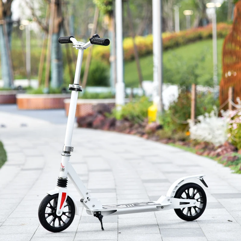 HOMCOM Kick Scooter Height Adjustable Foldable Scooter 200mm Large Wheels Scooters w/ Foot Brak, Shock Absorption Mechanism and Manual Bell for Ages 14 Years and Up