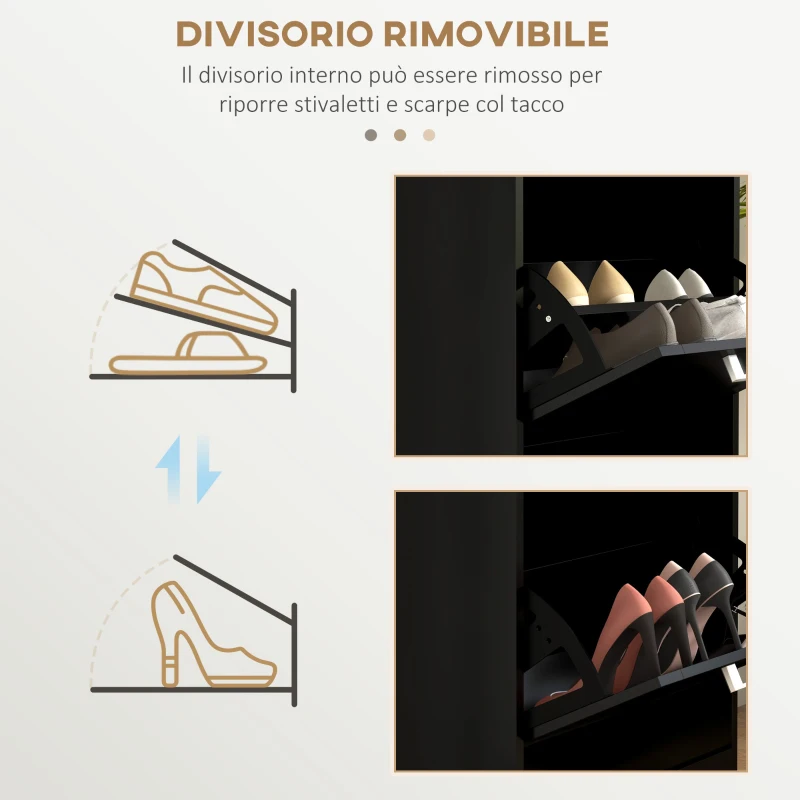 HOMCOM Scarpiera Moderna con 3 Cassetti Ribaltabili per 15 Paia di Scarpe e Ripiano Regolabile, 54x24x117.5cm, Nero