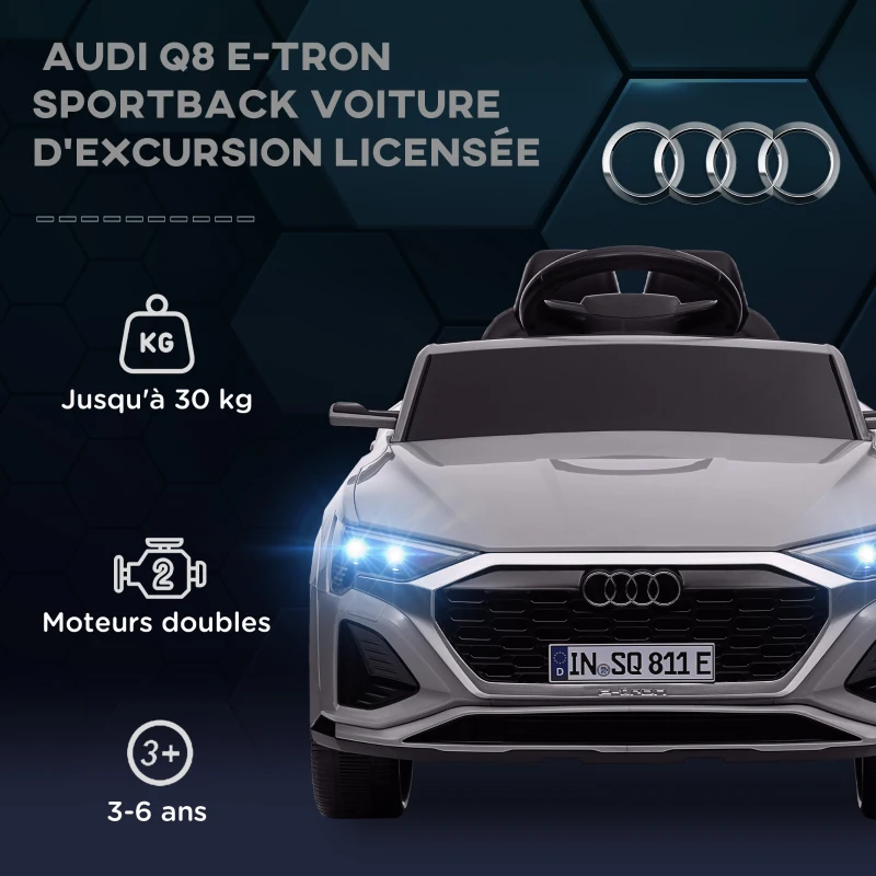 AIYAPLAY Voiture électrique pour enfants Licence Audi Q8 e-tron Sportback 12V télécommande, phares, musique, klaxon, 3-4 ans Gris(m-4)
