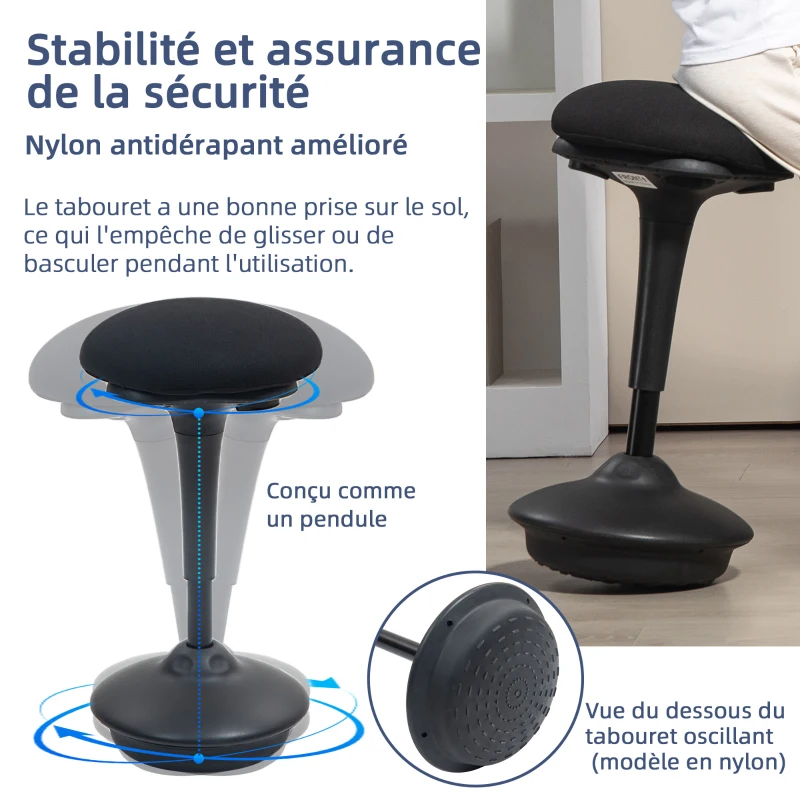 HOMCOM Tabouret de bureau debout tabouret ergonomique siège bascule à 360° large socle 36 x 36 x 70-90 cm noir