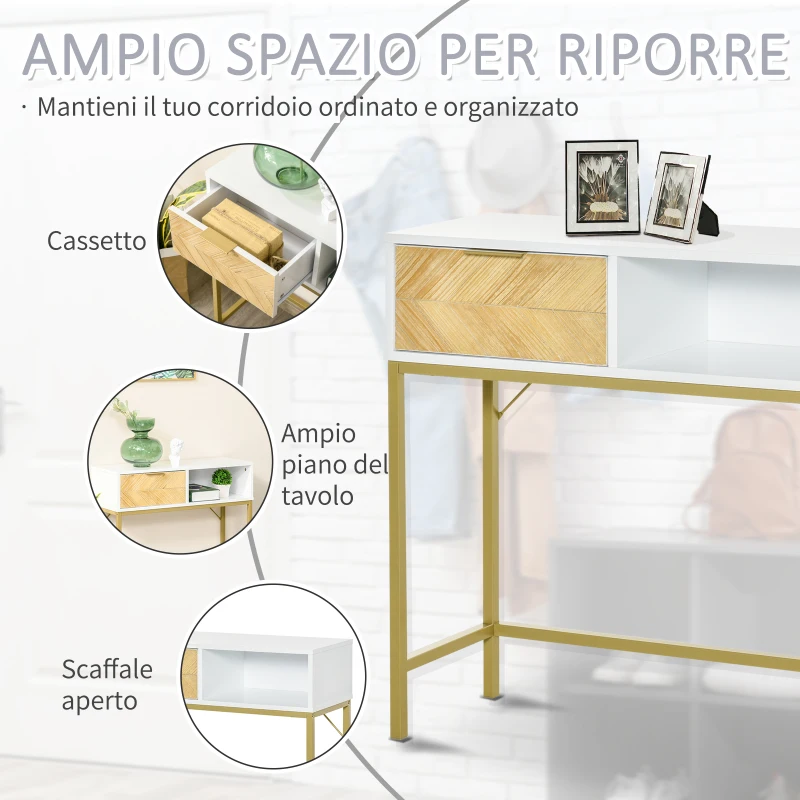 HOMCOM Tavolo Consolle in Legno, Consolle da Ingresso o Salotto con Design Moderno, Bianco e Oro, 80x30x80.5cm