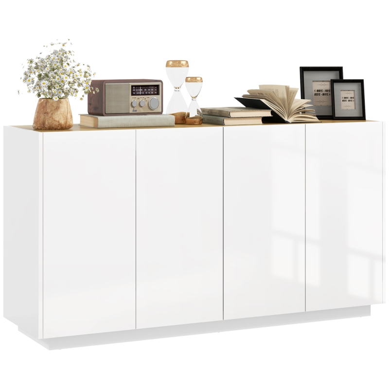 HOMCOM Credenza Moderna con Armadietti a 2 Ante, Chiusura Ammortizzata e Ripiani Regolabili, 140x40x75cm, Bianco Lucido