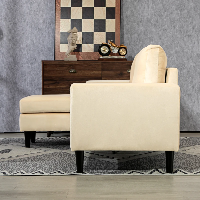 HOMCOM Canapé d'angle modulable avec pouf et 3 coussins, pieds en bois, tissu effet velours beige