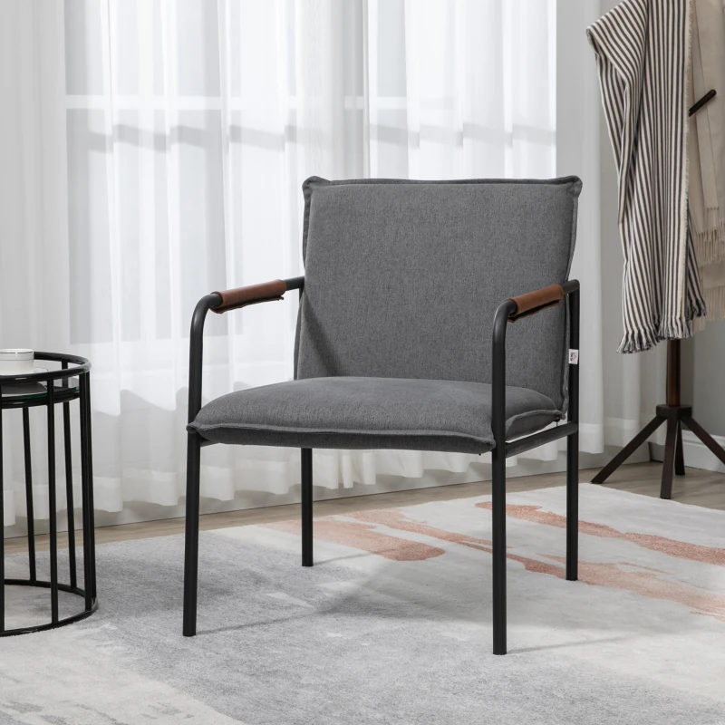 HOMCOM Fauteuil de salon assise revêtement synthétique avec accoudoir structure en acier 65,5Ll x 85P x 85H cm gris