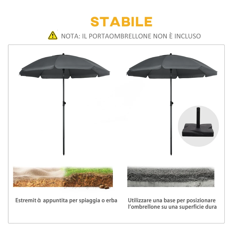 Outsunny Ombrellone da Spiaggia 1.8x2  m, in Poliestere e Acciaio a 8 Stecche con Reclinazione a 45°, Grigio