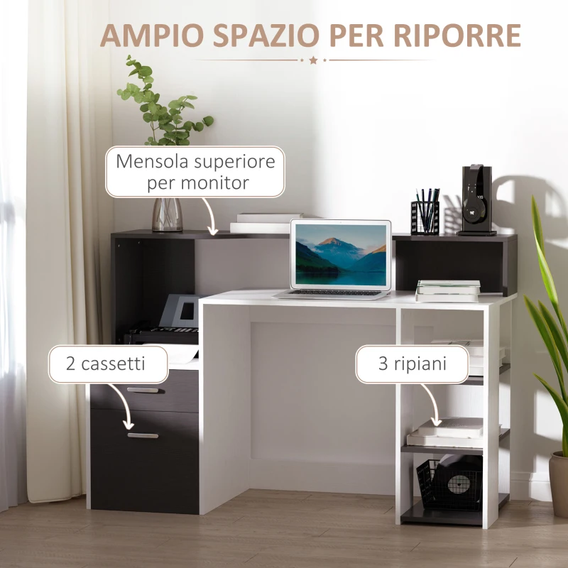 HOMCOM Scrivania per Ufficio con Ripiano Stampante, 2 Cassetti e 3 Mensole, in MDF Bianco e Nero, 137 x 55 x 92cm