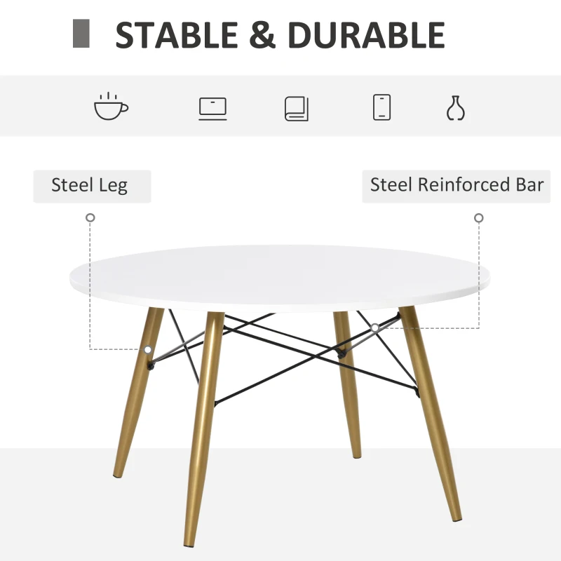 HOMCOM Modern Round Coffee Tea Table White Side End Living Room Storage Unit With Metal Legs Scandinavian Chic