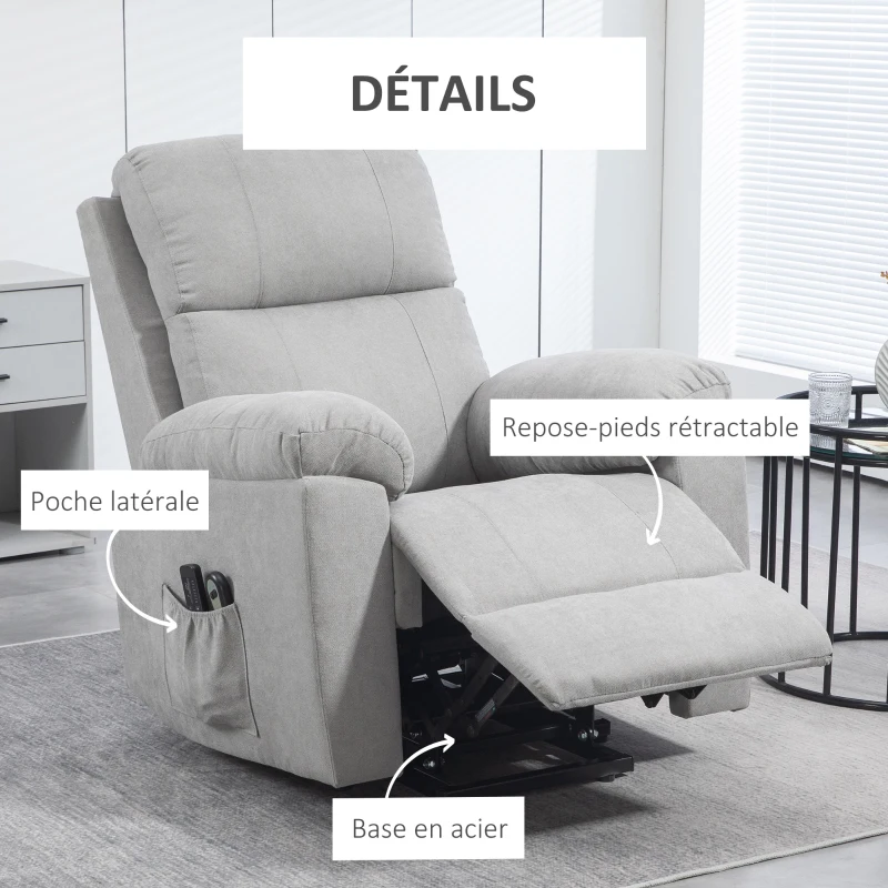 HOMCOM Fauteuil releveur électrique massant et dossier inclinable avec repose-pied télécommandes revêtement imitation lin gris