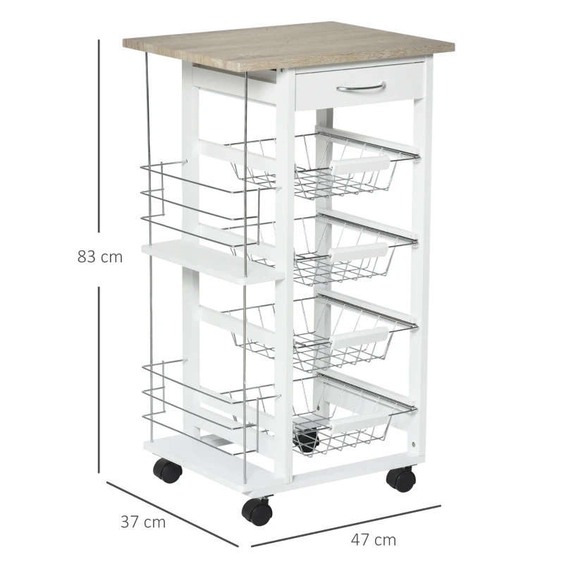 HOMCOM Rolling Kitchen Cart, Utility Storage Cart with 4 Basket Drawers & Side Racks, Wheels for Dining Room, Natural and White
