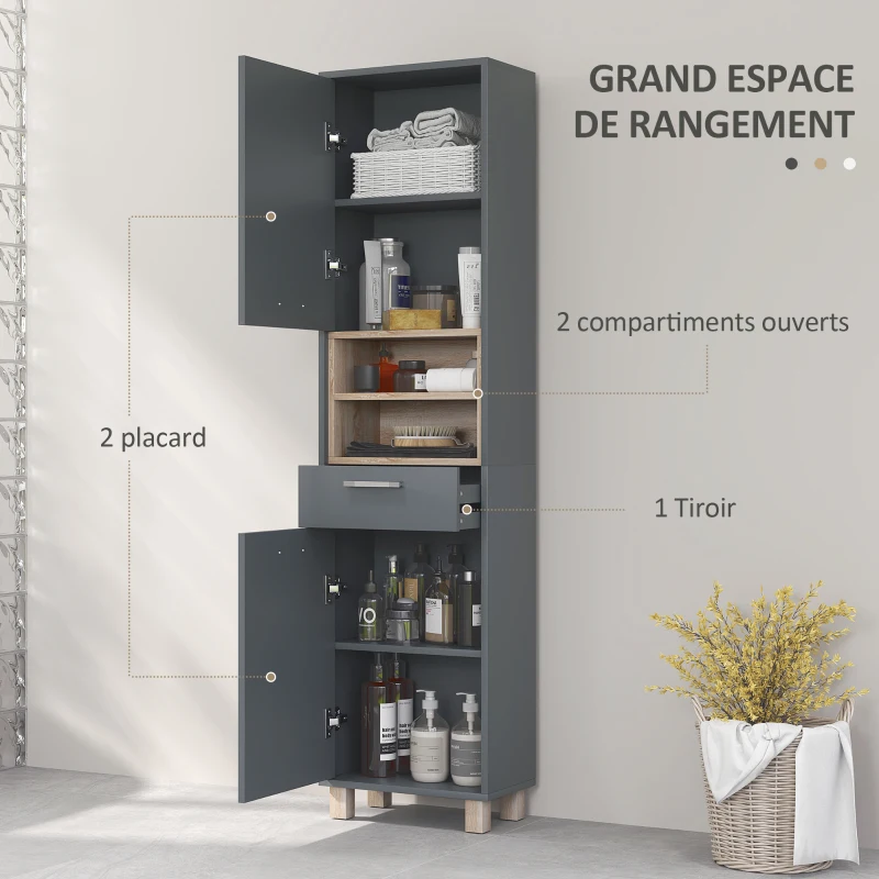 HOMCOM Colonne salle de bain, meuble salle de bain rangement avec 2 placards, tiroir et 2 compartiments ouverts, gris