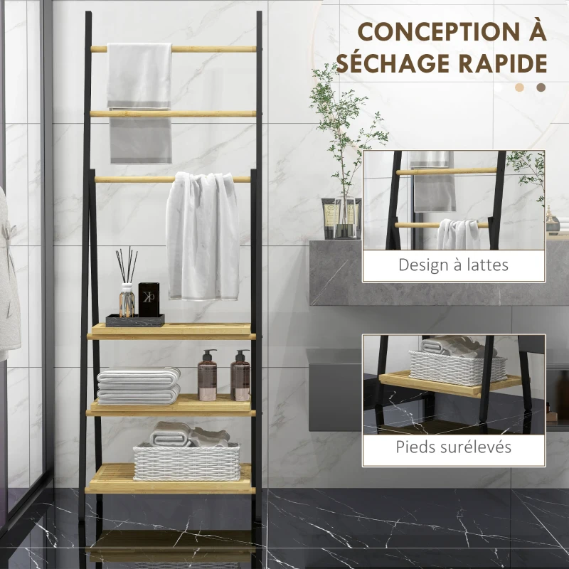 HOMCOM Porte-serviettes pliable 3 barres de suspension et 3 étagères en bambou pour salle de bains, structure métal noir
