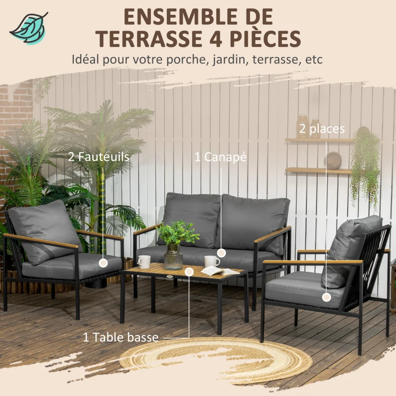 Outsunny Ensemble salon de jardin 4 pièces 4 personnes avec canapé 2 places fauteuils et table basse 8 coussins noir gris foncé