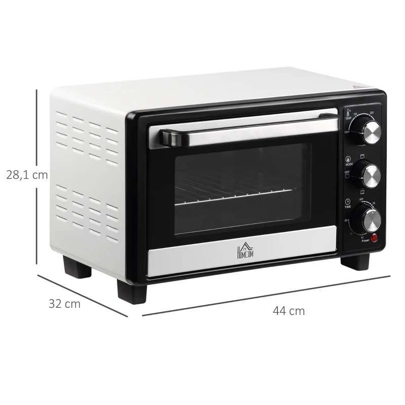 HOMCOM Horno Portátil 16L 1400W con 3 Modos de Calor Temporizador Bandeja de Horneado y Rejilla 44x32x28,1 cm Blanco y Negro