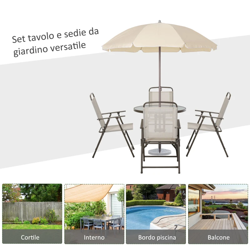 Outsunny 6 pz Set Mobili da Giardino in Tubi d'Acciaio,   Tavolo da Giardino con Sedie e Ombrellone, Crema