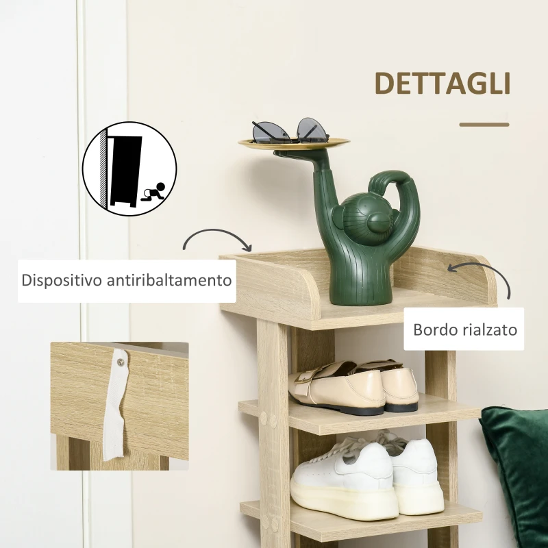HOMCOM Mobile Scarpiera per Ingresso in Legno, Scaffale per 6 Scarpe con Ripiano Porta Oggetti, 32x30x104cm, Rovere