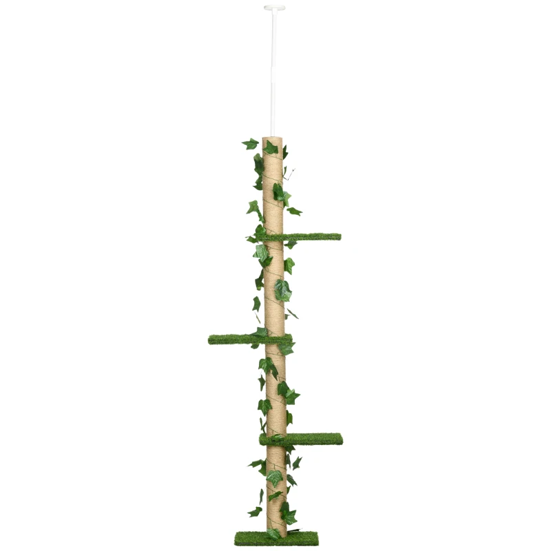 PawHut 242cm Adjustable Floor-To-Ceiling Cat Tree, with Artificial Decoration, Perches, Anti-Slip Kit - Green