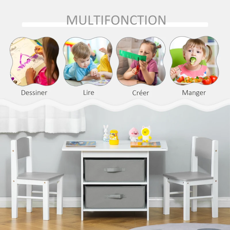 HOMCOM Ensemble table et chaises enfant - set de 3 pièces + 2 tiroirs non tissés - table étagère pour jouets 2 en 1 - MDF blanc gris