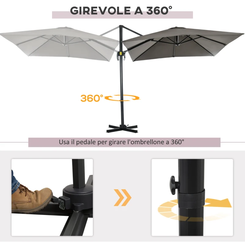 Outsunny Ombrellone da Giardino a Manovella 2.5x2.5 m con Rotazione 360° e Parasole Regolabile, Grigio Chiaro