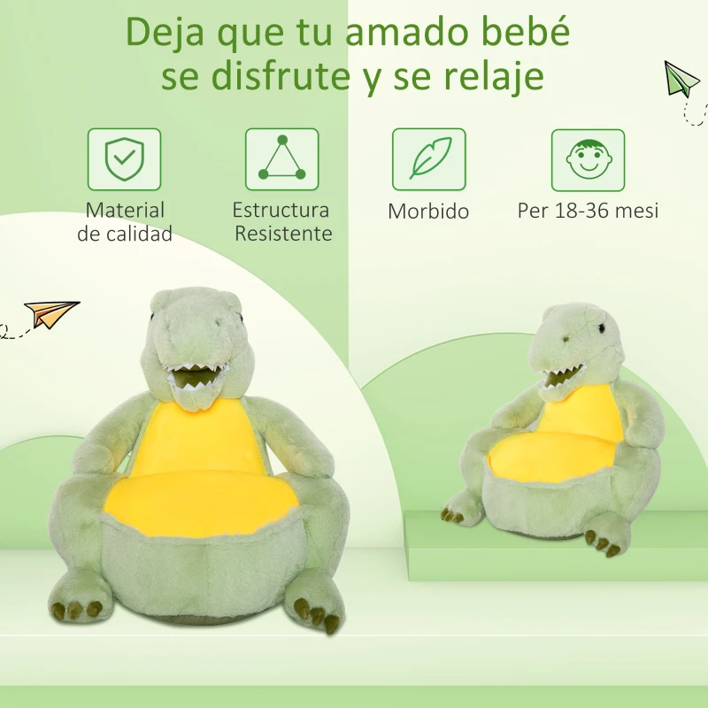 HOMCOM Sillón Infantil Diseño de Dinosaurio Sofá para Niños de 18-36 Meses Asiento Acolchado Antideslizante 60x55x59 cm Verde