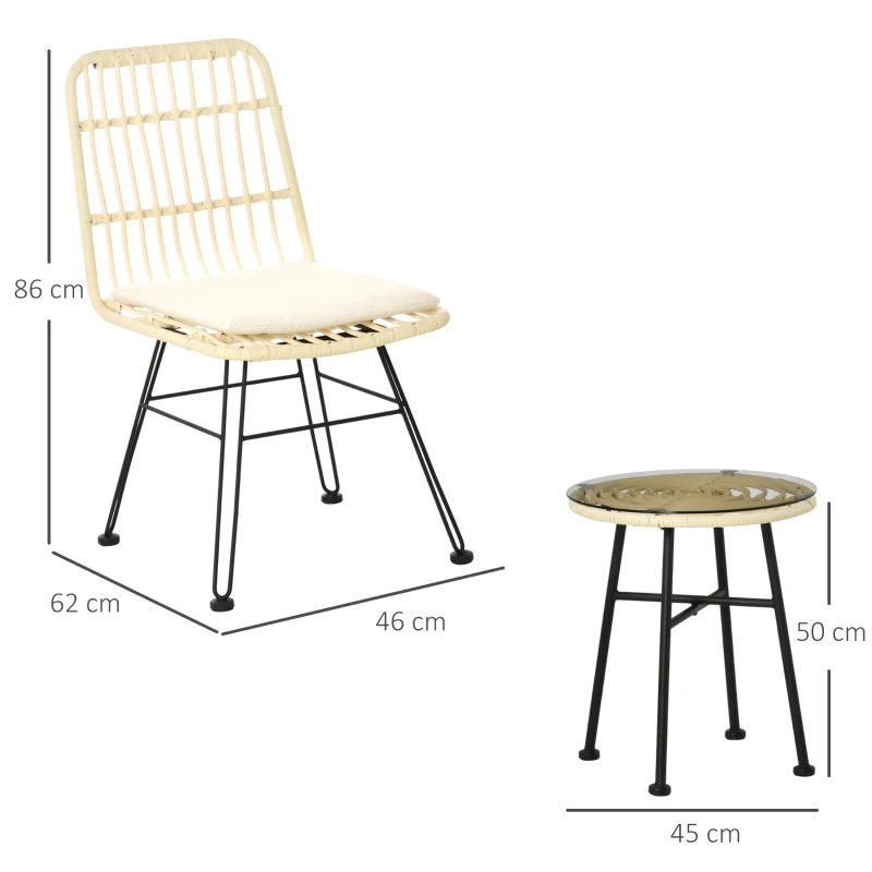 Outsunny Ensemble bistro de jardin 3 pièces 2 chaises + table basse ronde verre trempé 2 coussins zippés déhoussables polyester résine tressée PE métal galvanisé Ø 45 x 50 cm crème