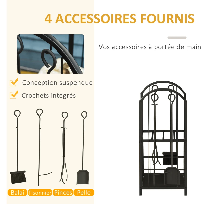 Outsunny Porte-bûches range bûches 2 niveaux étagère à bois de cheminée serviteur de cheminée multi-accessoires 2 étagères dim. 41,5L x 32,5l x 74,5H cm métal noir